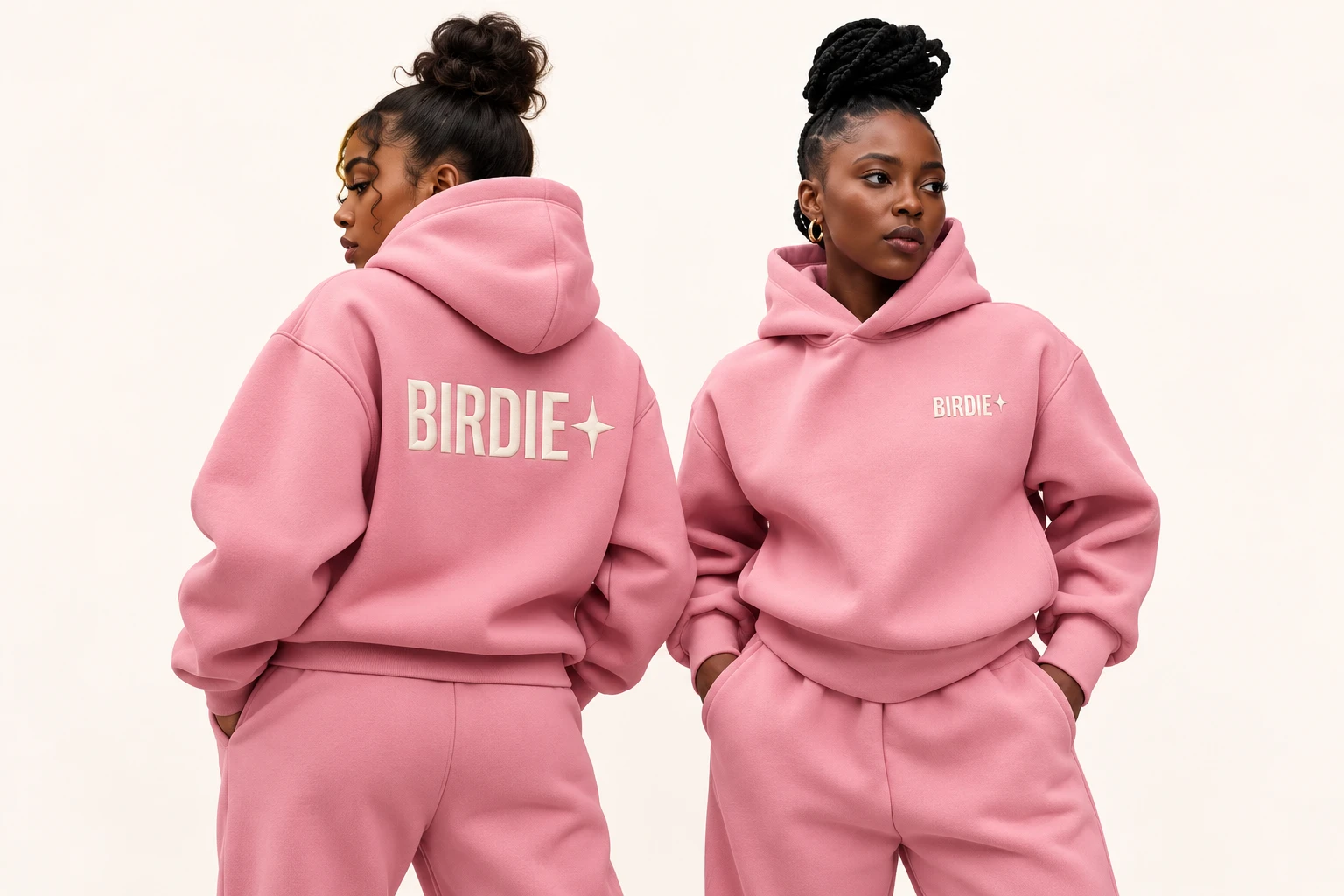 Two women in BIRDIE blush hoodie mockups, showing the large back logo and small chest logo